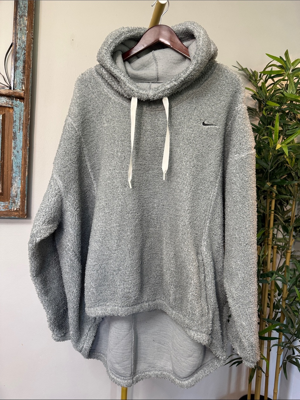 Nike Women's Gray Sherpa teddy Funnel-Neck Hoodie with Drawcords EUC XXL
